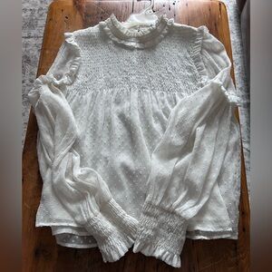 Zara White Swiss Dot Smocked High-Neck Blouse - Trafaluc Collection